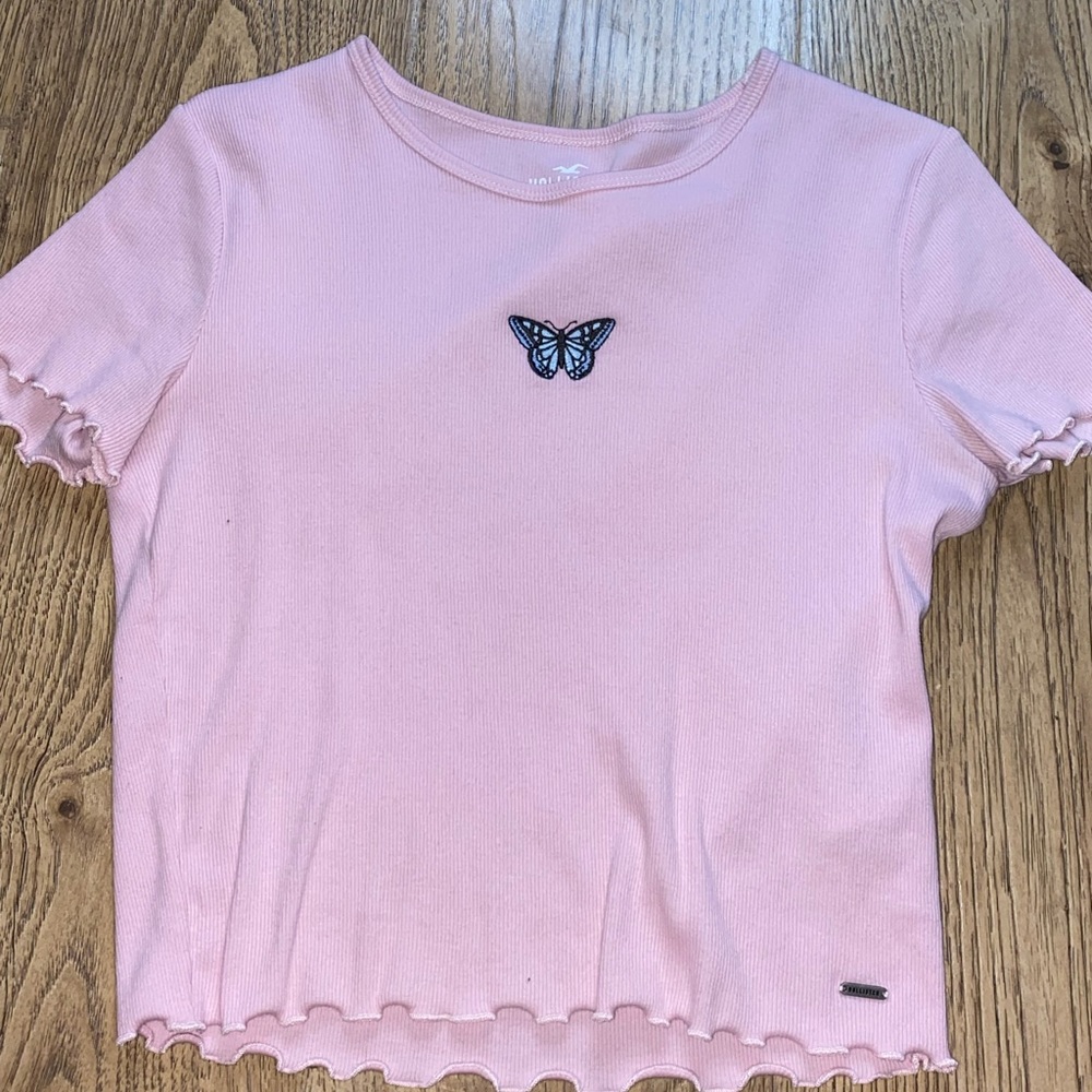 Hollister, pink tee with butterfly size small